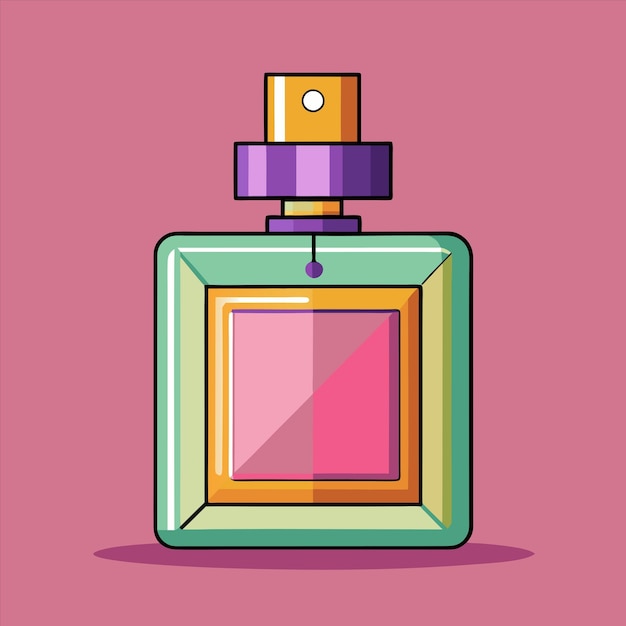 una botella de perfume con un fondo rosa y un punto blanco en la parte inferior