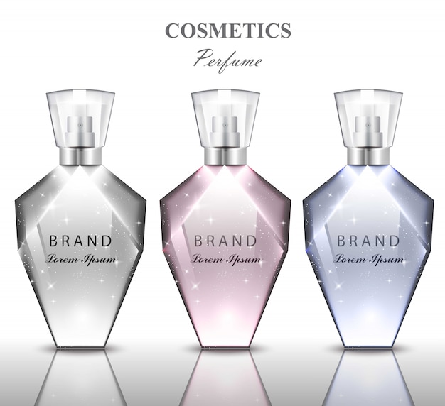 Botella de perfume de mujer set de fragancias de colección. Contenedor transparente brillante. Realista Vec