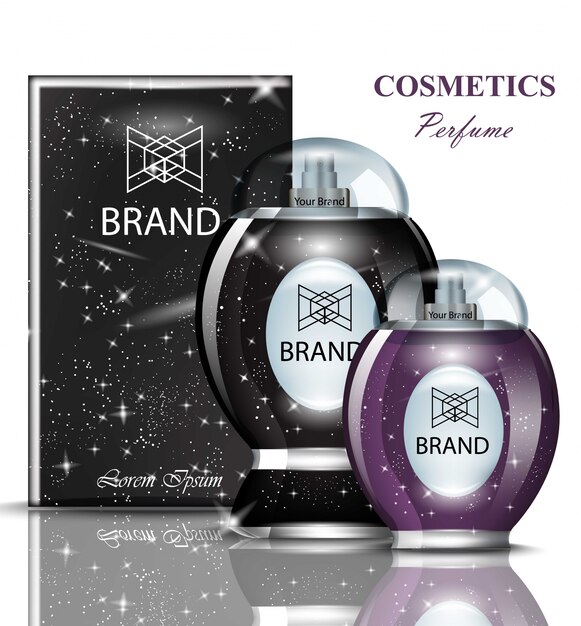 La botella de perfume negra y violeta establece fragancias de colección. Contenedor transparente brillante. Re