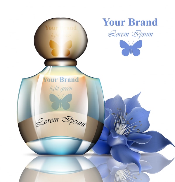Botella de perfume realista. Embalaje del producto, logotipo de mariposa para marcas, publicidad, anuncios