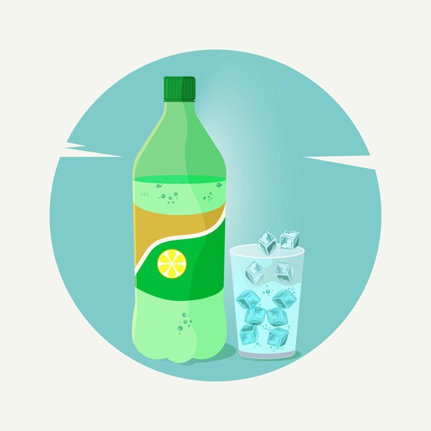 Botella PET de soda de limón y en el vaso con cubitos de hielo ilustración vectorial