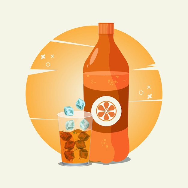 Botella PET de soda naranja y en el vaso con cubitos de hielo ilustración vectorial