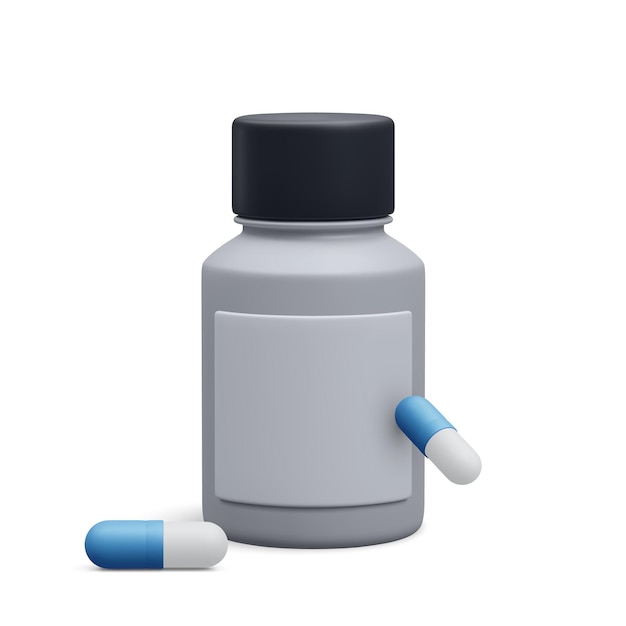 Botella de píldora realista 3d con píldora de cápsula de medicación de tratamiento aislada sobre fondo blanco Concepto de salud de medicina Ilustración vectorial