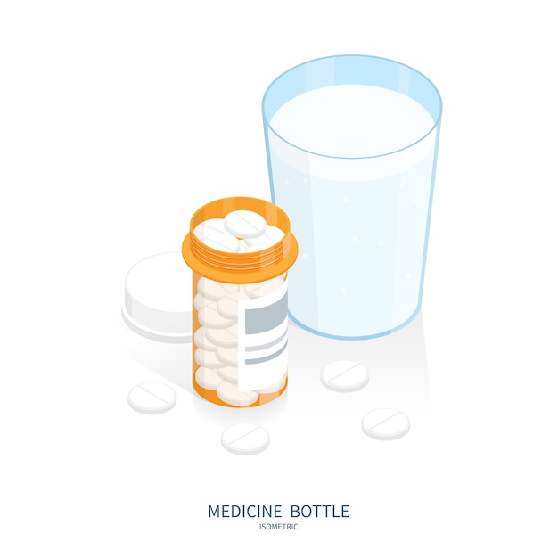 botella de píldoras de medicina isométrica, vaso de vector de píldoras de trago de agua
