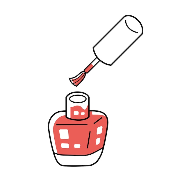 Botella y pincel de esmalte de uñas rojo