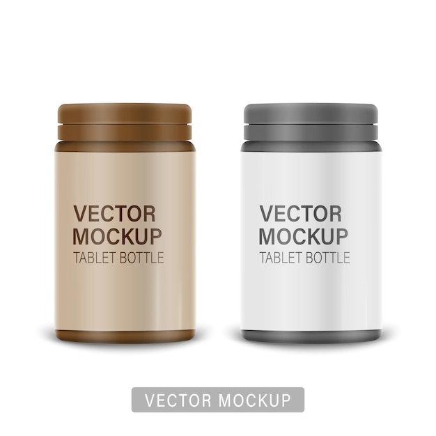 Botella de plástico blanco mate con bisagra a presión para medicamentos, tabletas, píldoras. Plantilla de embalaje fotorrealista con diseño de muestra. Vista frontal.