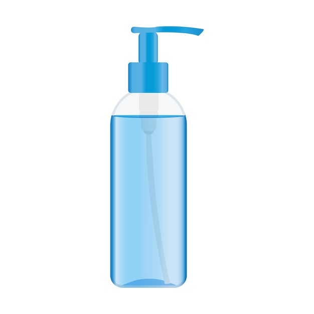 Botella de plástico con una bomba con un líquido azul en el interior Botella dispensadora con producto cosmético