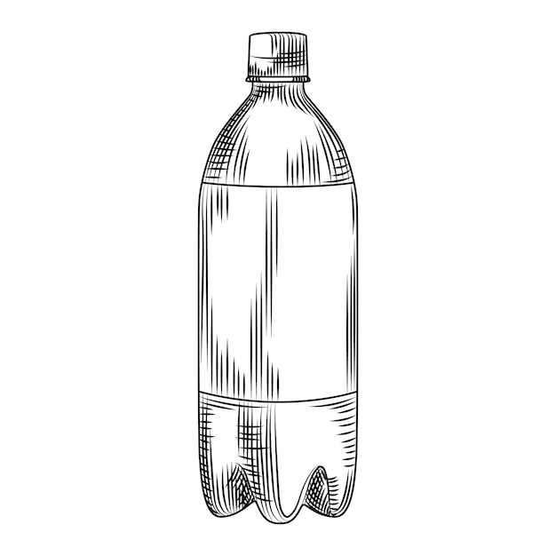 Botella de plástico dibujada a mano aislada sobre fondo blanco. Grabado de estilo vintage. Ilustración vectorial.