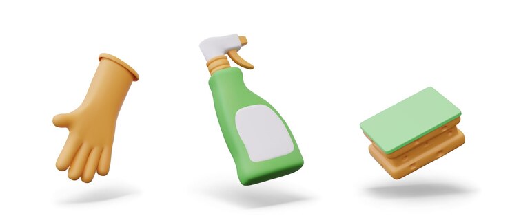 Vector botella de plástico esponjosa aislada con guantes de goma con boquilla de pulverización y etiqueta vacía