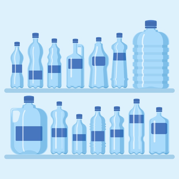 Botella de plástico establece ilustración. Diferentes tamaños de recipientes de dibujos animados para agua y otros líquidos. Estante con botellas vacías azules pancarta, póster, folleto. Agua limpia.