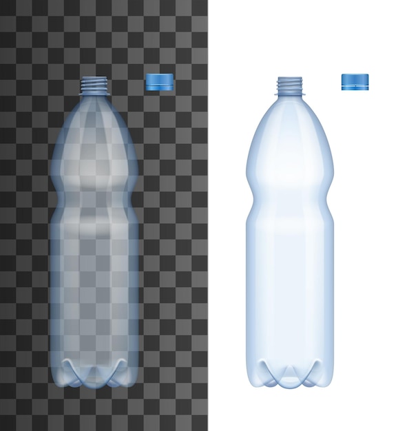 Vector botella de plástico realista con tapa abierta.