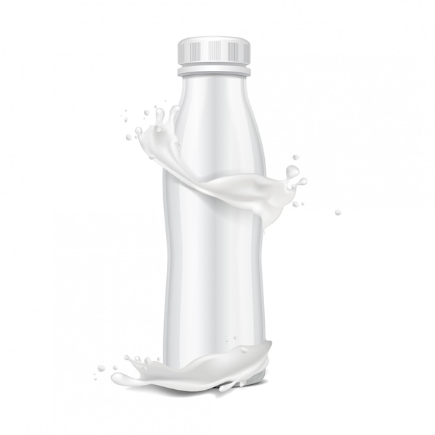 Botella de plástico con tapón de rosca y salpicaduras de leche. Para productos lácteos. Para la leche, beba yogur, crema, postre. plantilla de paquete realista