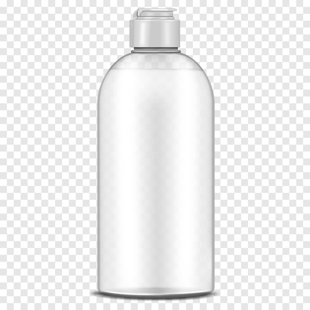 Vector botella de plástico transparente con tapa abatible de rosca llena de líquido en maqueta de fondo transparente