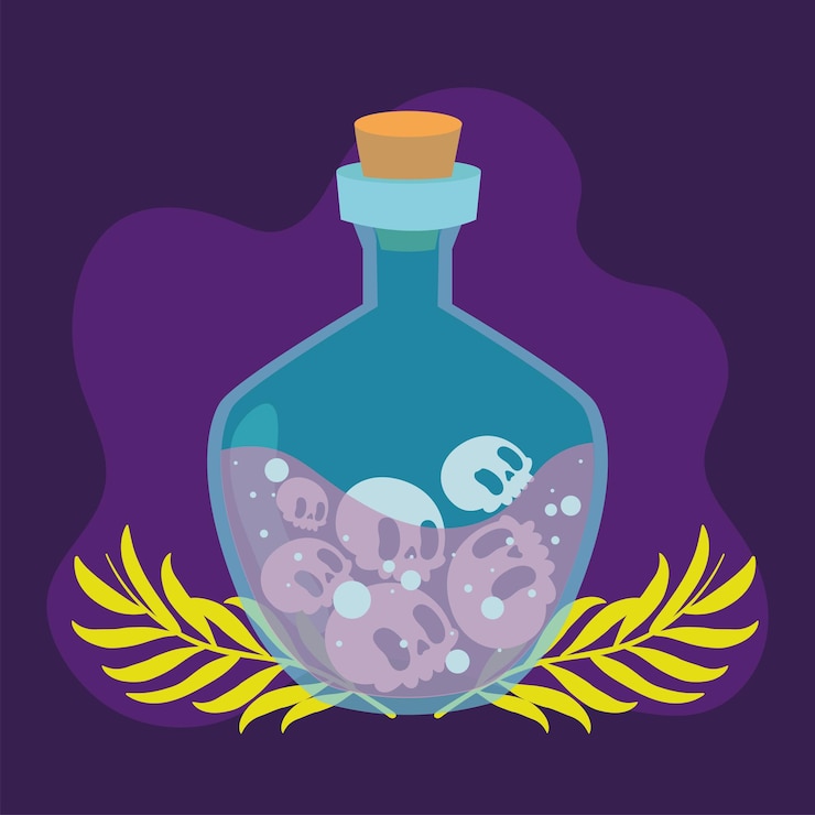 Vector botella de poción de calaveras en fondo oscuro vector