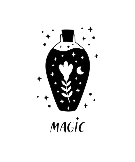 Botella de poción con elixir mágico o veneno Ilustración de vector de tarro místico