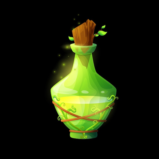 Botella de poción con energía de la naturaleza Frasco de vidrio de vector de dibujos animados con elixir mágico de brillo verde Hechizo de mago de poder de la tierra en frasco de cristal con raíces de plantas o vid Bruja brillante veneno ui juego nostrum activo