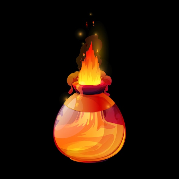 Botella de poción con llamas de fuego, interfaz de juego mágico vectorial, elemento de diseño gui o ui. Elixir de alquimista de dibujos animados, veneno de bruja o poción de amor en botella de vidrio con llama naranja, humo y destellos