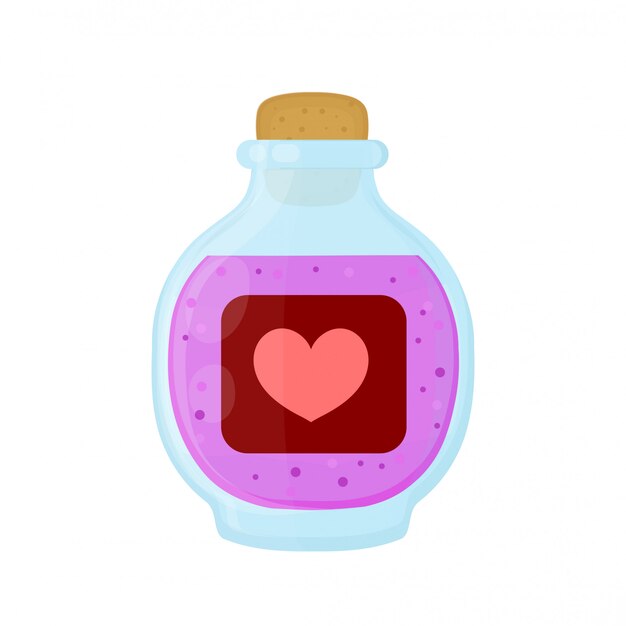 Botella de poción mágica rosa elixir de amor. Icono de ilustración de dibujos animados plana. Aislado en blanco Poción de elixir de amor en botella