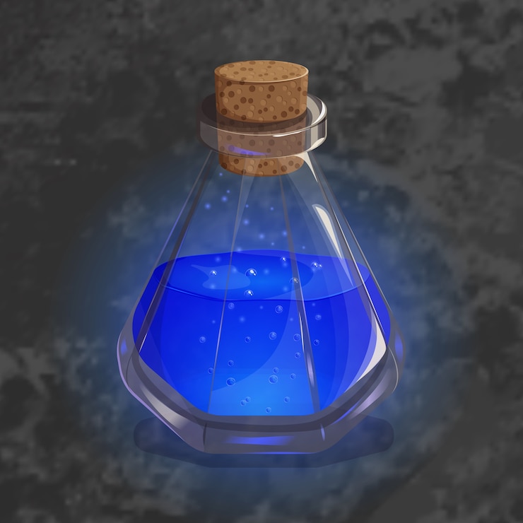 Vector botella con poción de naranja. icono de juego del elixir mágico.