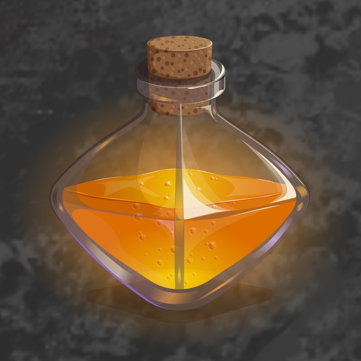 Vector botella con poción de naranja. icono de juego del elixir mágico.