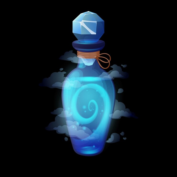 Vector botella de poción con onda de ala azul, elixir mágico de vector de dibujos animados con nubes, remolino de tornado y tapón de cristal facetado. energía eólica en matraz de vidrio con vórtice en el interior. veneno de bruja, elemento de interfaz de usuario de vial de alquimia