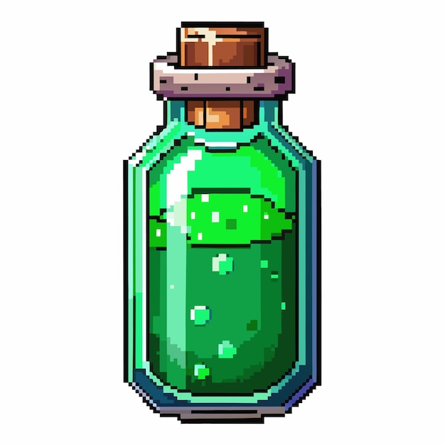 Botella de poción verde de Pixel Art con burbujas y tapón de corcho