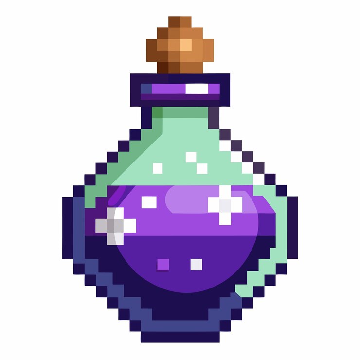 Vector botella de poción verde y púrpura de pixel art icono de juegos retro elixir de fantasía vintage