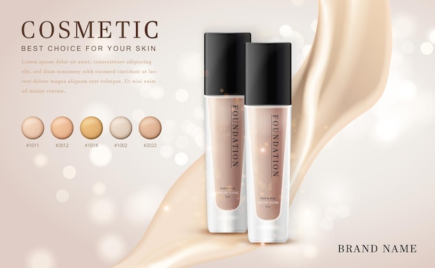 Botella de producto de base de ilustración de maquillaje cosmético 3d con elegante cremoso brillante