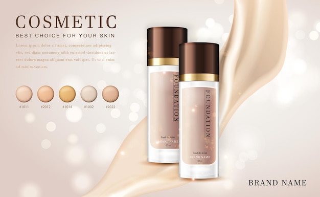 Botella de producto de base de ilustración de maquillaje cosmético 3D con elegante cremoso brillante