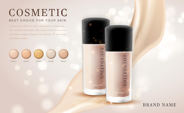 Botella de producto de base de ilustración de maquillaje cosmético 3D con elegante cremoso brillante