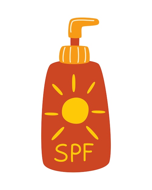 Botella con protector solar. crema spf. proteccion solar. bloqueador solar de intervalo de tiempo con spf uva uvb. cosmética de verano. seguridad solar. ilustración de vector de estilo plano aislado sobre fondo blanco.