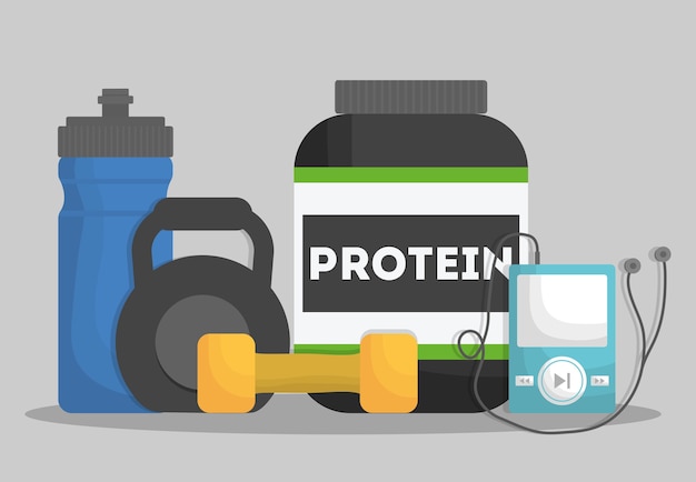 Vector botella de proteína y los iconos relacionados con el estilo de vida de fitness