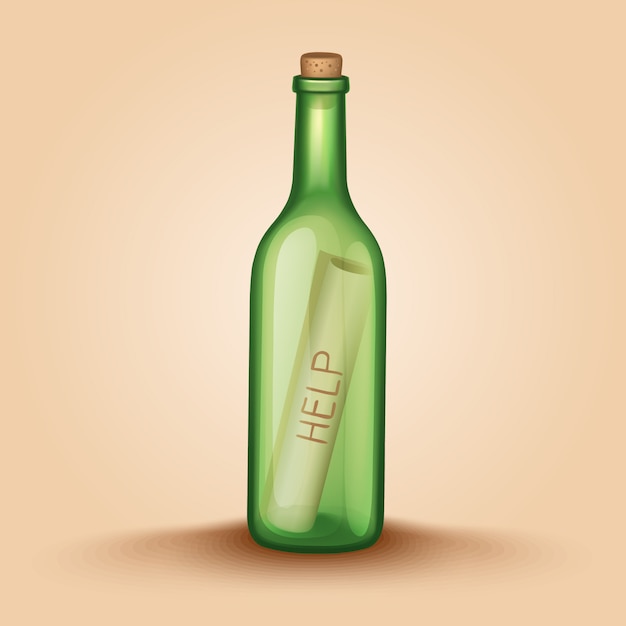 Botella realista con una carta de ayuda