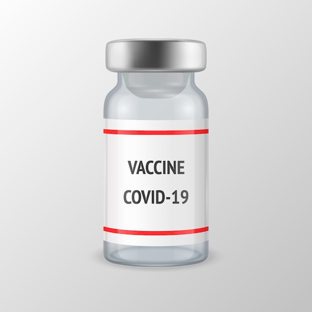 Botella realista de primer plano de icono de vacuna de coronavirus aislado sobre fondo blanco. Plantilla de ampolla de drogas, imágenes prediseñadas,. Concepto de vacunación. Vista frontal
