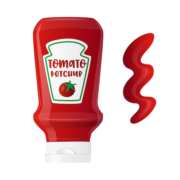 Vector botella realista de salsa de tomate ketchup con etiqueta