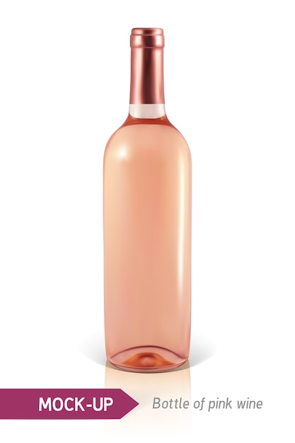 Botella realista de vino rosado sobre un fondo blanco con reflejo y sombra. plantilla para etiqueta de vino.