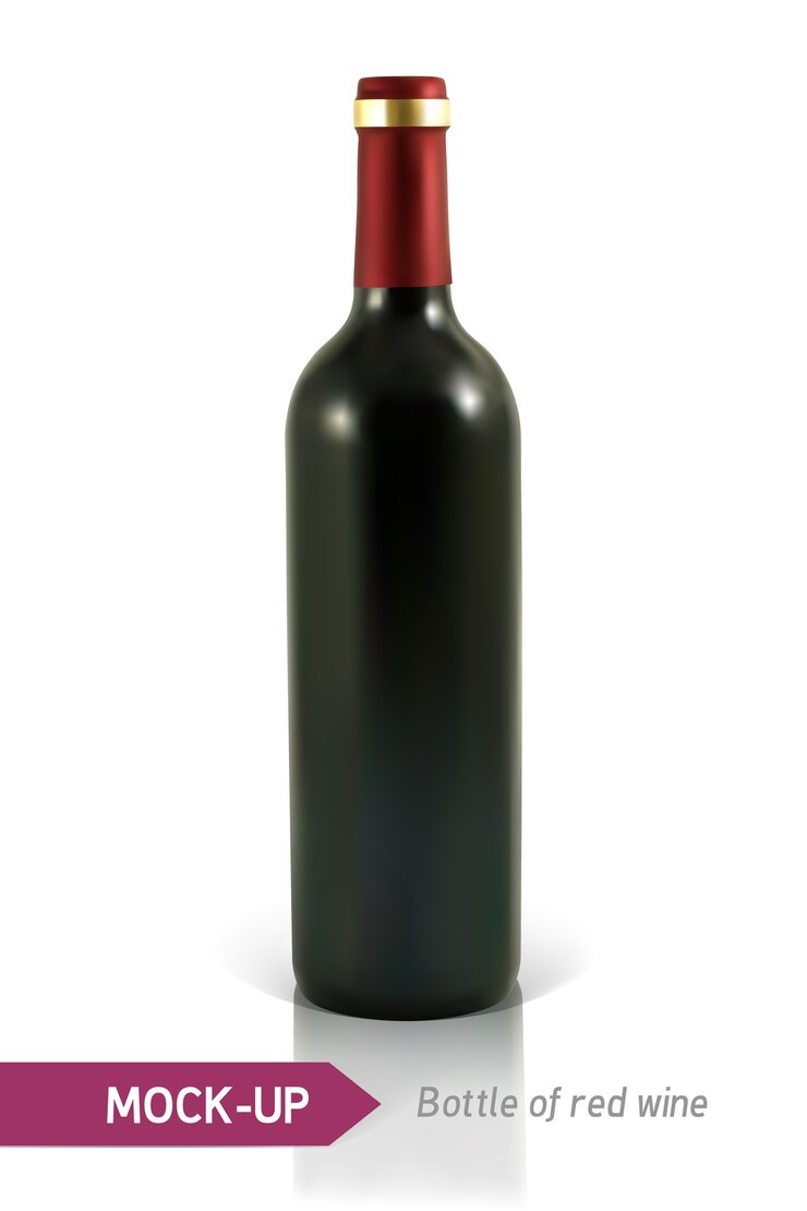 Vector botella realista de vino tinto sobre un fondo blanco con reflejo y sombra