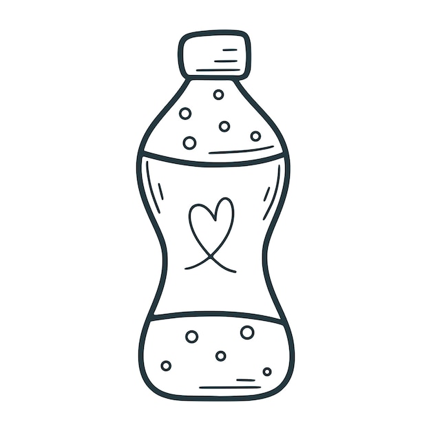 Botella de refresco bebida de ilustración dibujada a mano con burbujas de gas en botella de plástico estilo de boceto de garabato iso