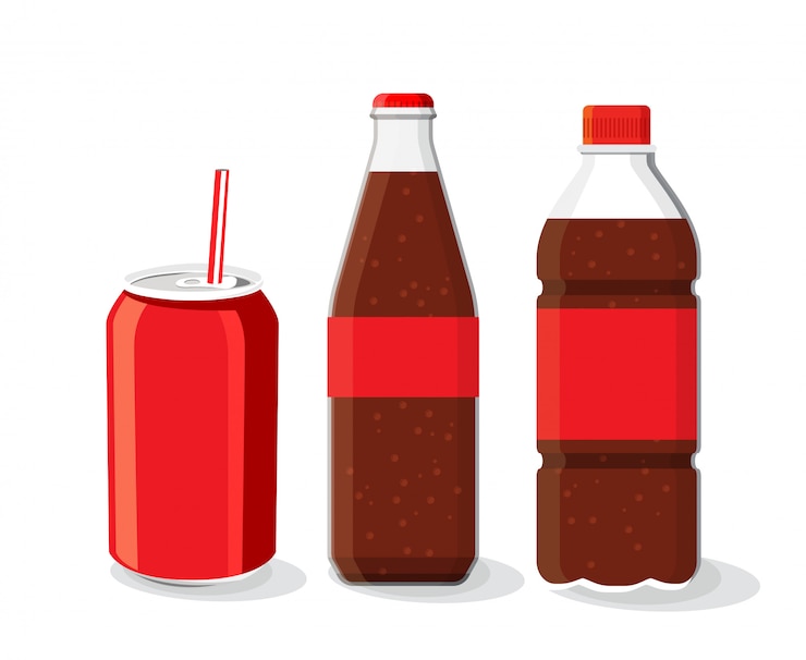 Vector botella de refresco y vidrio, bebida fría de coque con hielo en un vaso