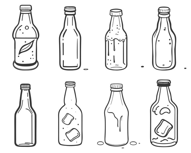 Vector botella de refresco de vidrio dibujado a mano conjunto de recipientes de contorno de tinta con bebida de agua de refresco de jugo de cóctel líquido