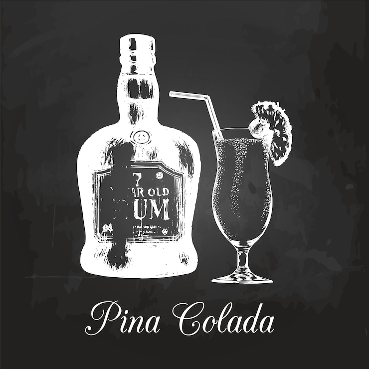 Vector botella de ron esbozada a mano y vaso de piña colada dibujo de bebida alcohólica en la pizarra ilustración vectorial de cóctel tradicional para el menú del restaurante cafetería bar