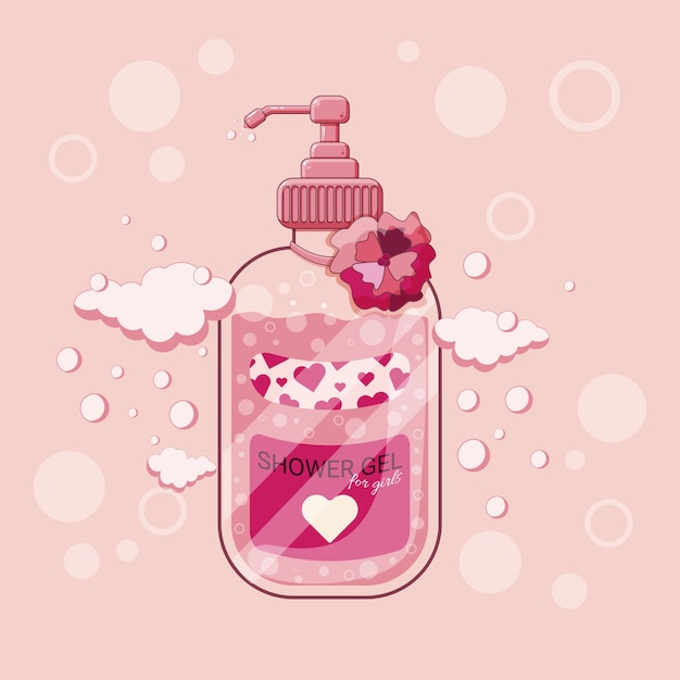 Vector la botella rosa plana aislada con gel de ducha y burbujas.