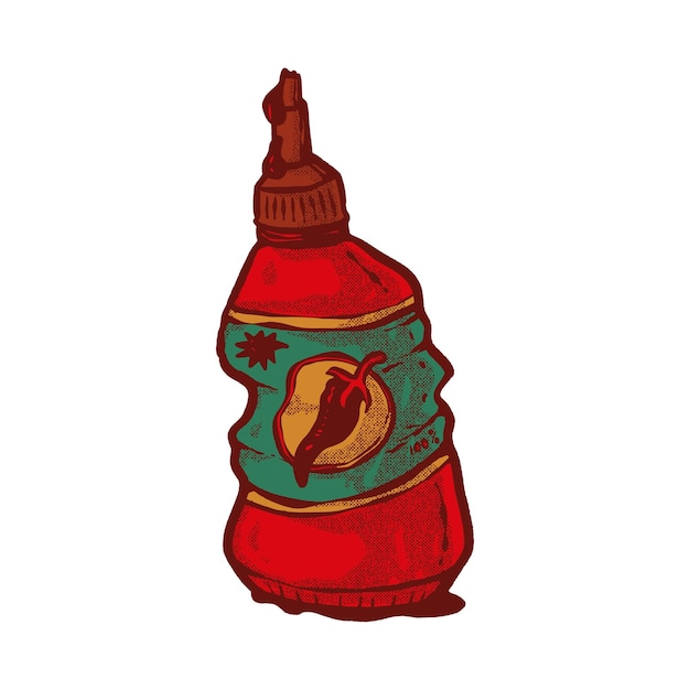 La botella de salsa de chile está rota, técnica de dibujo a mano a todo color.