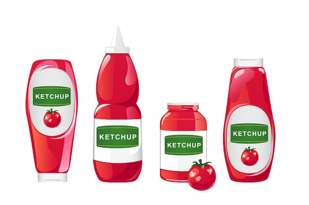 Botella de salsa de tomate. Recipiente de salsa roja con etiqueta blanca con nombre aislado sobre fondo whie. Ilustración de vector de estilo plano de dibujos animados.
