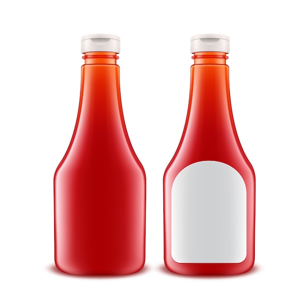 Botella de salsa de tomate roja de plástico de vidrio en blanco para la marca con etiqueta blanca aislada