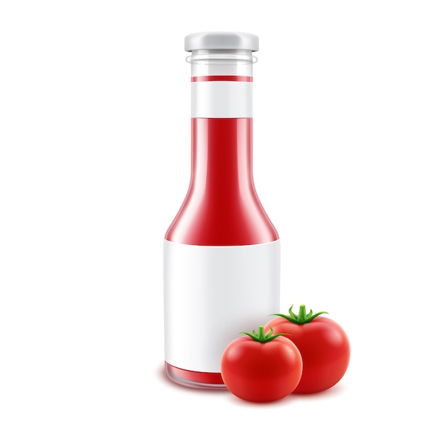 Vector botella de salsa de tomate rojo brillante de vidrio en blanco para la marca