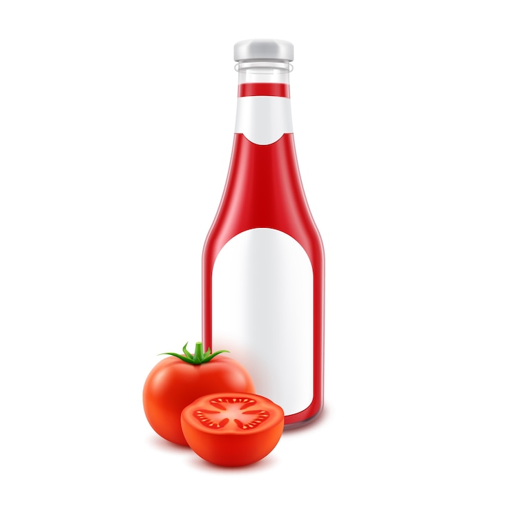 Vector botella de salsa de tomate rojo de vidrio en blanco para la marca con etiqueta y tomates frescos aislado sobre fondo blanco.