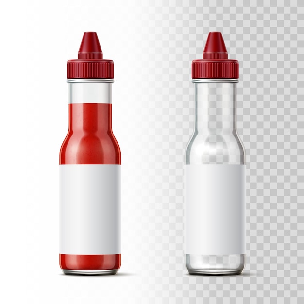 Botella de salsa de tomate de vidrio. Envases 3D realistas con dispensador de tapa de plástico. Envases llenos o vacíos sobre fondo transparente. Paquete de aderezo para alimentos con etiqueta en blanco. Concepto de vector