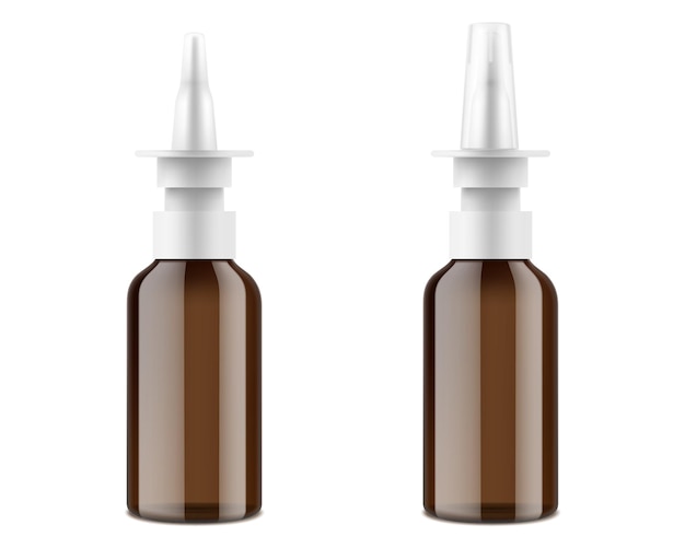 Botella de spray nasal de vidrio ámbar. Envases médicos realistas, plantilla de maqueta de embalaje. Ilustración vectorial 3d