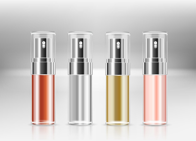Botella de spray de plástico cosmético con tapas de vidrio de diferentes colores. Recipiente líquido para gel, loción, crema, champú, espuma de baño. Paquete de productos de belleza (transparente). ilustración vectorial